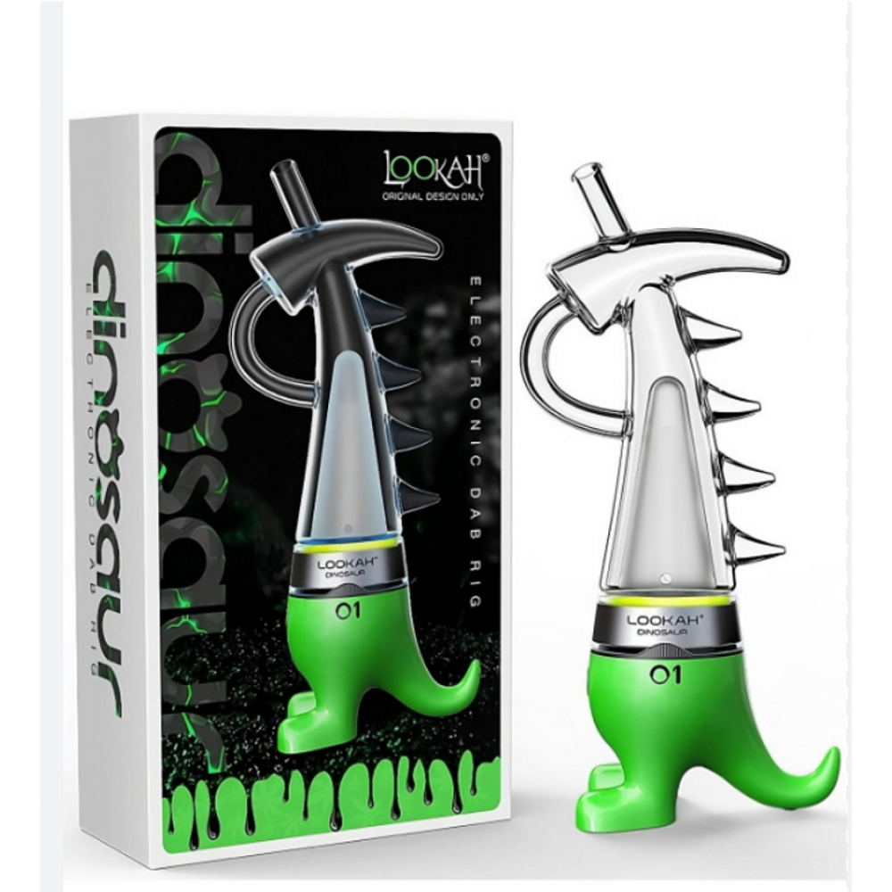 LOOKAH Dinosaur Portable Electric Rig featuring a fun dinosaur-shaped design, rechargeable power system, water filtration, and smooth concentrate vaporization technology.