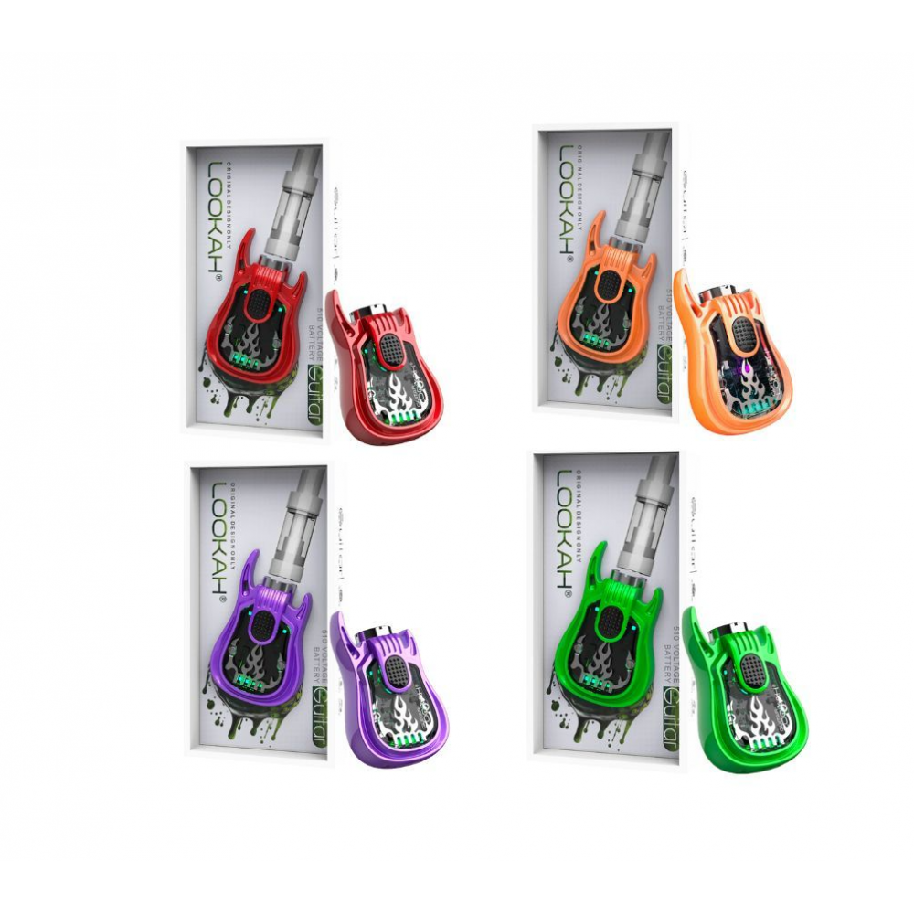 LOOKAH Guitar 510 Thread Vape Battery featuring guitar-shaped ergonomic design, rechargeable power system, and universal 510 thread compatibility for portable vaping use.