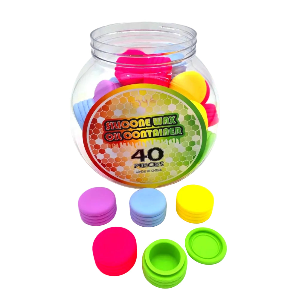 Macron design silicone containers 40pcs in jar pack made from durable non-stick silicone for portable and secure concentrate storage.