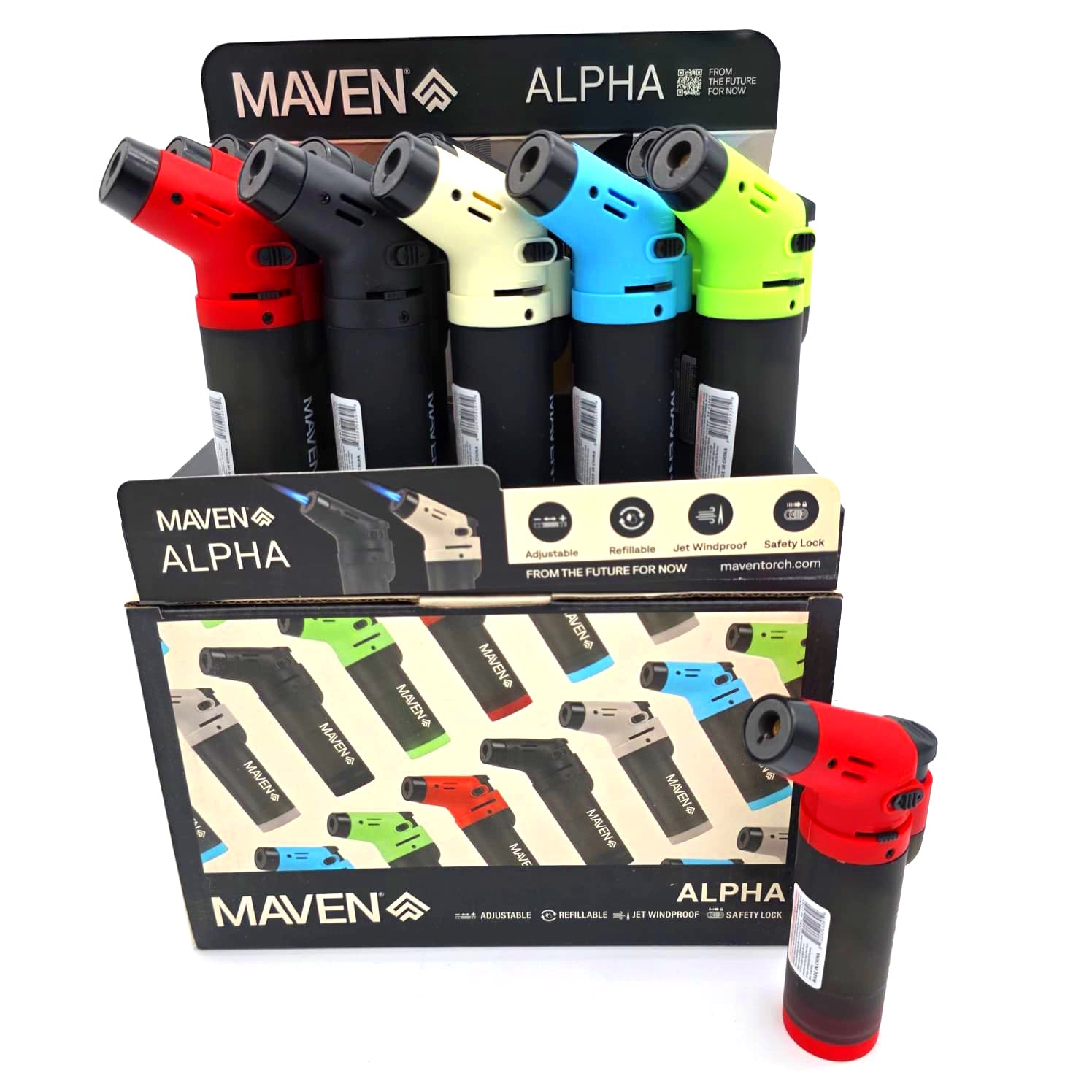 Maven Alpha torch lighter 15 pcs per display featuring durable metal construction, windproof flame, and refillable compact design.