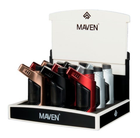 Maven Uno torch lighters in a 9-piece pack featuring compact designs and powerful refillable torch flames
