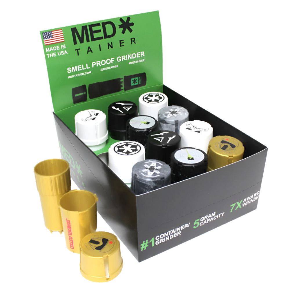 Med Tainer 12-piece smell-proof grinder pack with airtight storage design, built-in grinder lid, and durable portable herb container.