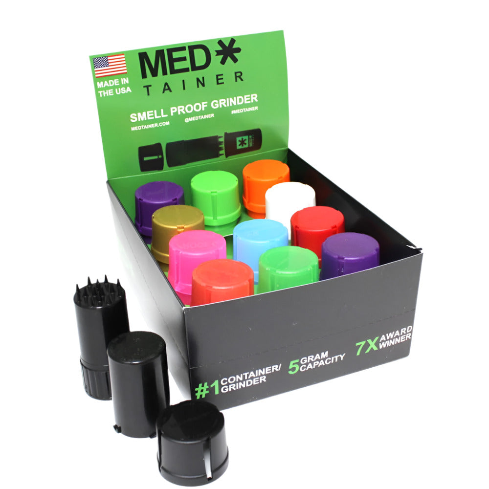 Med Tainer small smell-proof grinder container pack of 12 pieces with airtight storage, built-in grinder lid, and durable design for bulk use.
