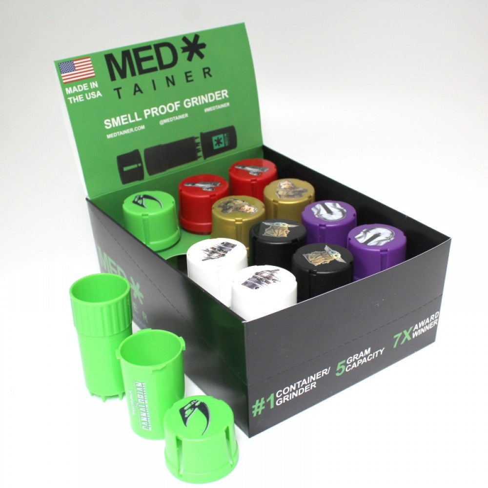Med Tainer smell-proof grinder 12-piece set with airtight herb storage container, durable plastic body, and built-in grinder lid for easy use.