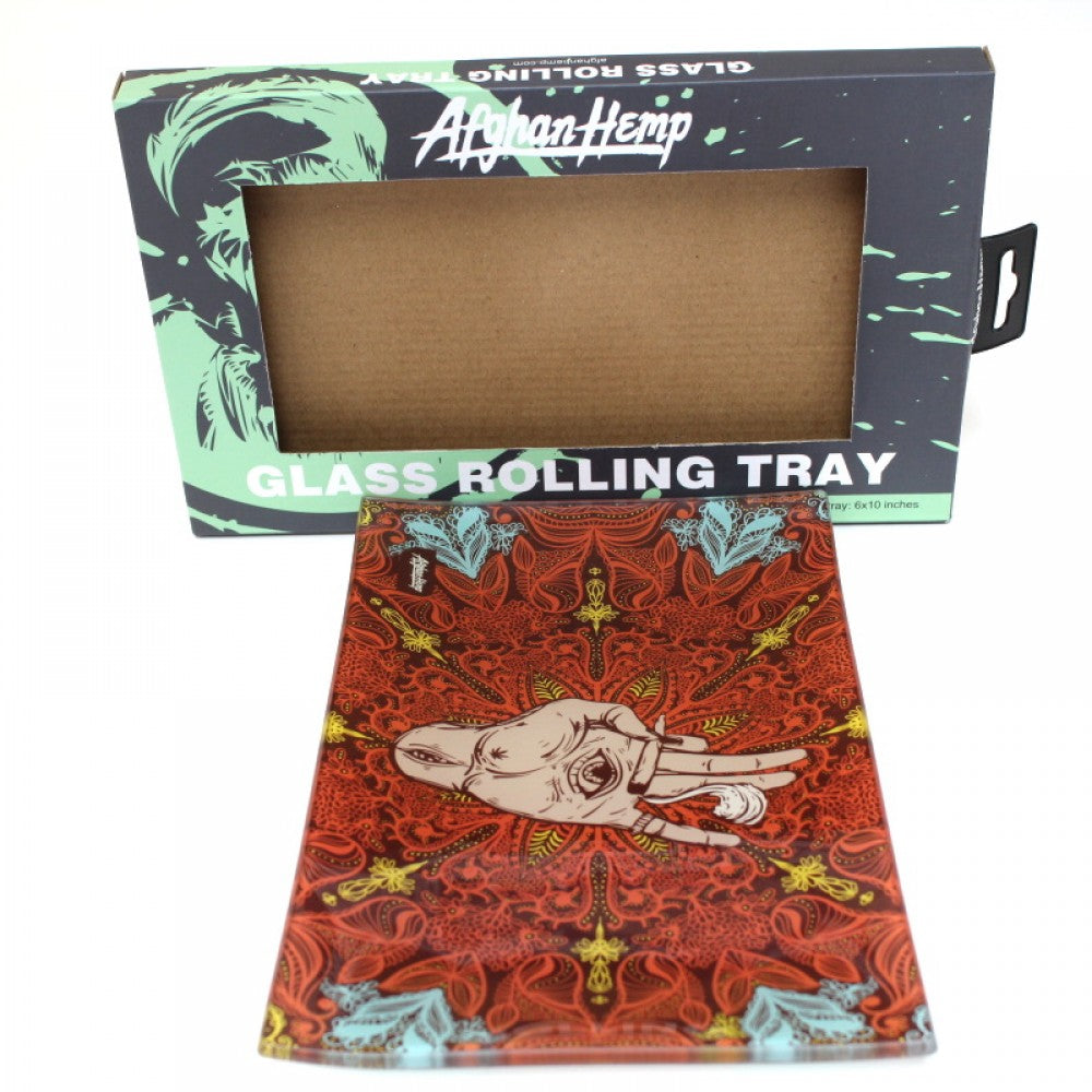 Medium glass rolling tray 6 x 10 inches Afghan hemp decorative design with strong tempered glass, smooth surface, and premium finish.