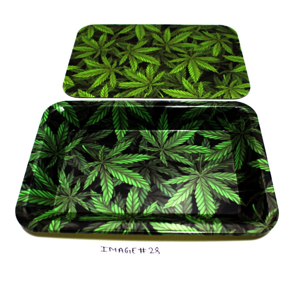 Two piece metal art rolling tray with magnetic cover lid, durable and stylish tray for clean and organized use.