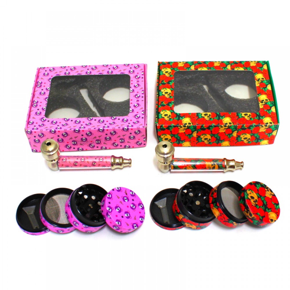 4-part metal grinder and decal hand pipe set with lid, durable construction, smooth grinding teeth, and compact portable herb tool kit.