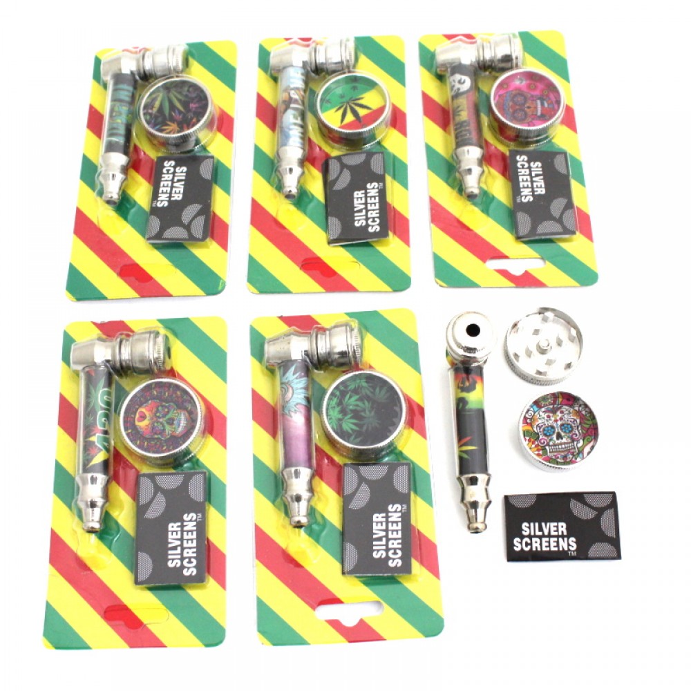 Metal pipe with 2 part decal design grinder and built-in metal screen, durable construction, and compact design for smooth and easy use.