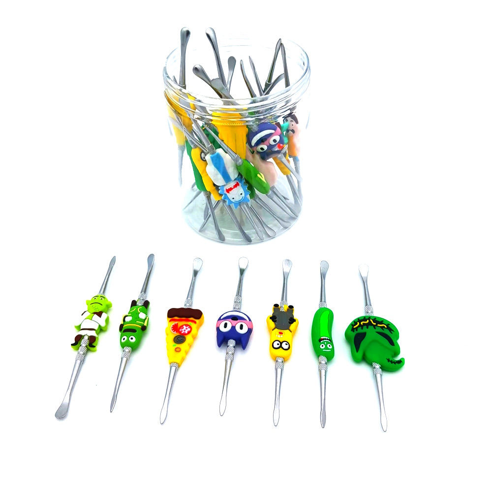 Metal dab tool with silicone character design, durable metal core, soft grip exterior, and 30 pieces per jar bulk packaging for organized storage.