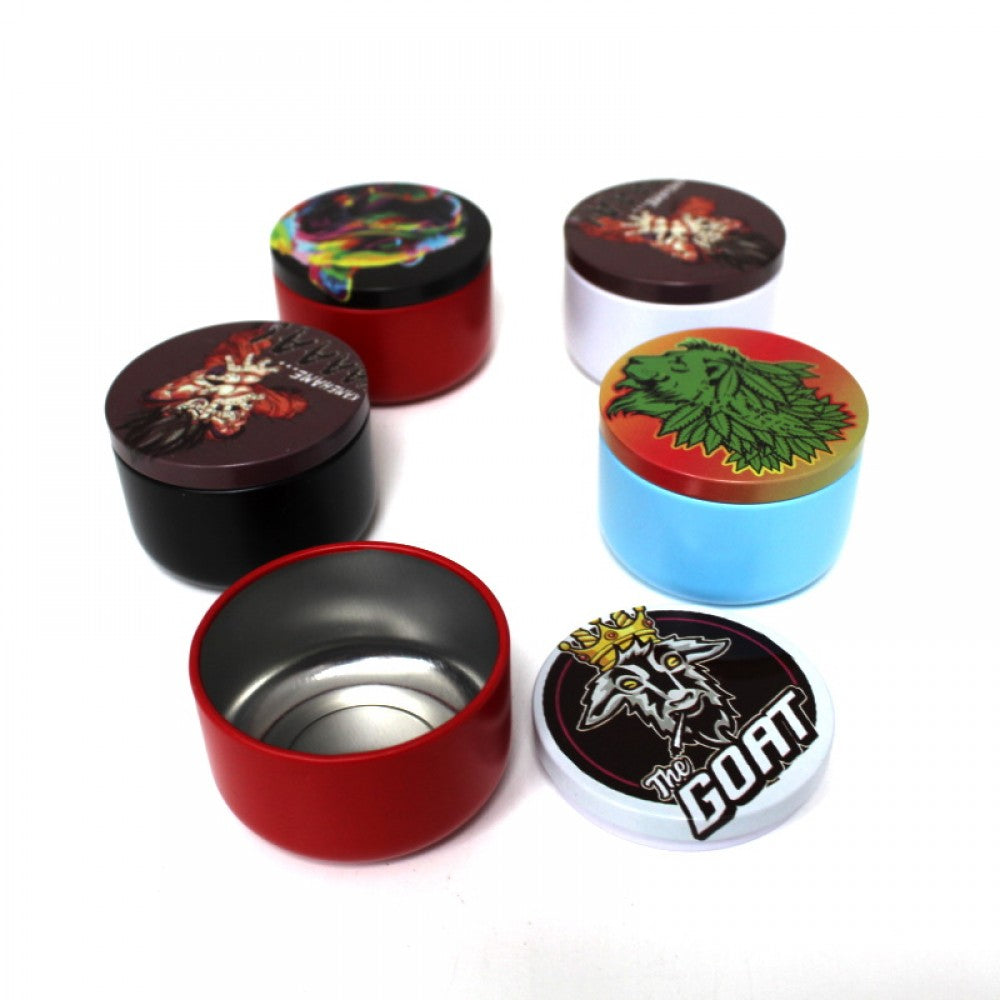 Small metal tin container with decorative decal design and secure lid, durable and reusable storage box for compact organization and travel use.