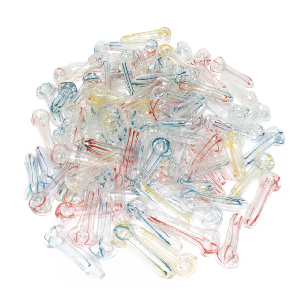 Mini Glass Pipe 100 Pcs Per Bundle with handcrafted glass construction, assorted designs, and wholesale bulk packaging.