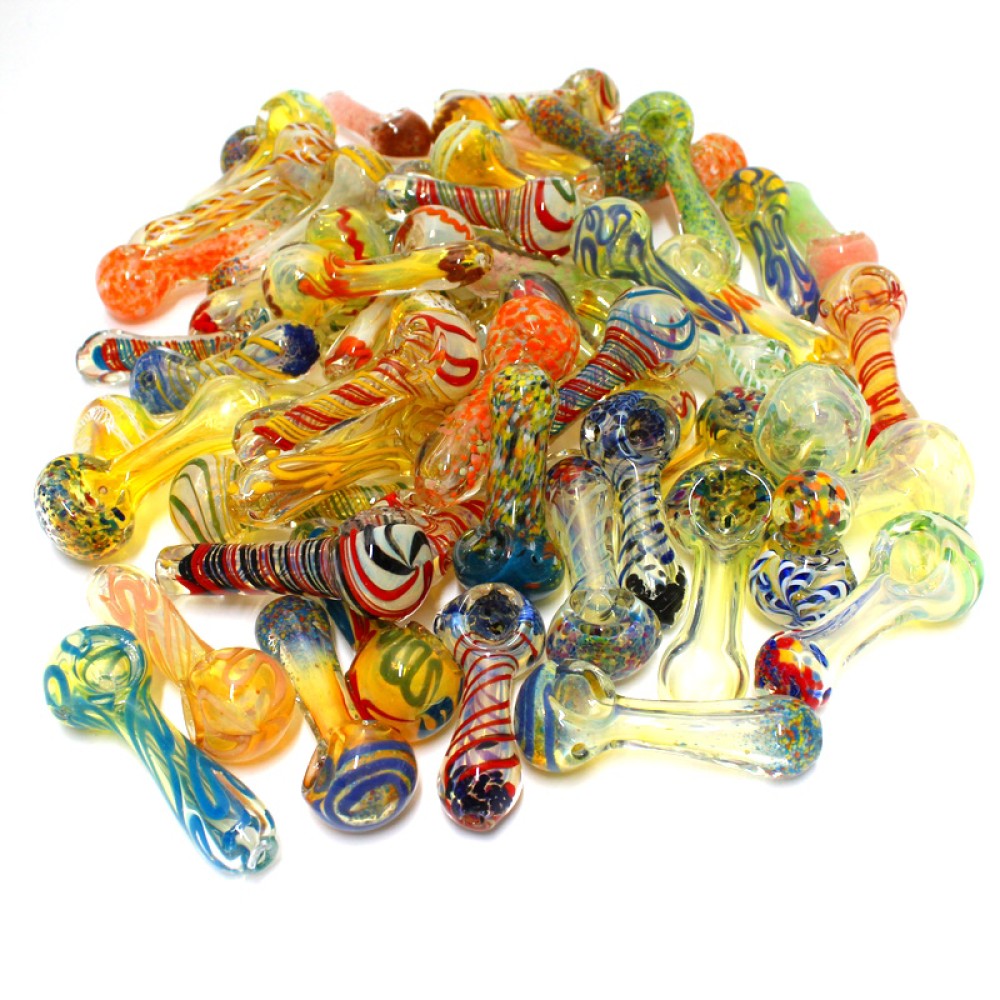 Mixed Color Glass Hand Pipe 50 Pcs Per Bundle with assorted color designs, durable glass construction, and wholesale bulk packaging