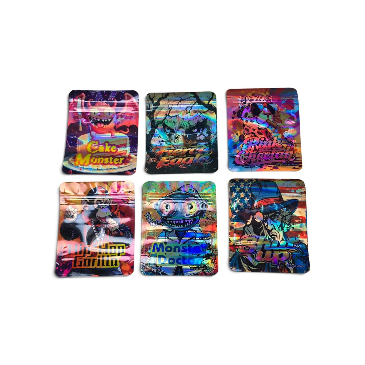 50 pack of mixed design 3.5 gram resealable mylar bags spread out on display