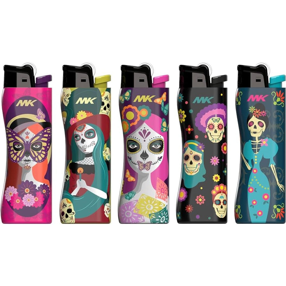 MK 9G soft flame flint strike lighter with La Catrina design, refillable fuel system, compact portable body, and 50-piece pack packaging.