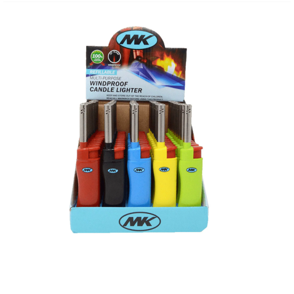 MK Mini Windproof Pocket Lighters 50 Display Box featuring compact assorted lighters, reliable wind-resistant flame, and retail-ready bulk packaging for everyday use.