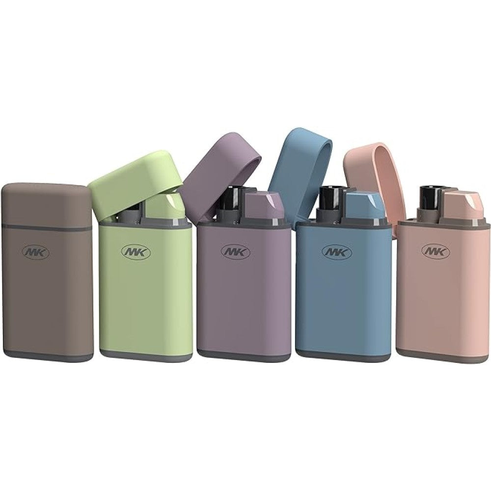 MK Pocket Lighters with torch flame, compact portable design, durable construction, reliable ignition, and 25-piece retail display pack.