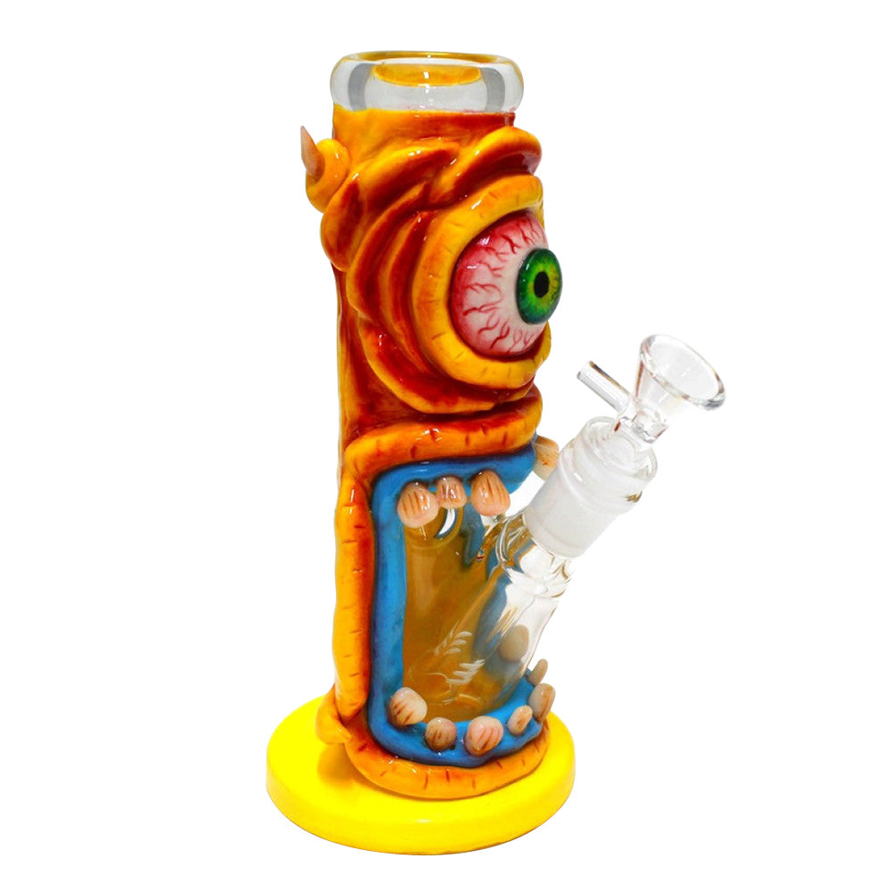 Monster big eye art straight water pipe novelty glass bong with detailed monster themed design durable straight tube construction smooth airflow and water filtration system.