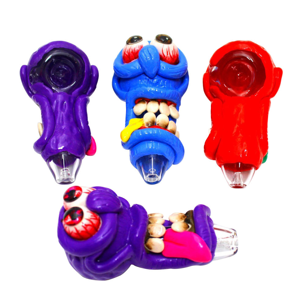 Monster Design Art Heavy Duty Glass Hand Pipe with durable glass construction, detailed monster artwork, and smooth airflow design