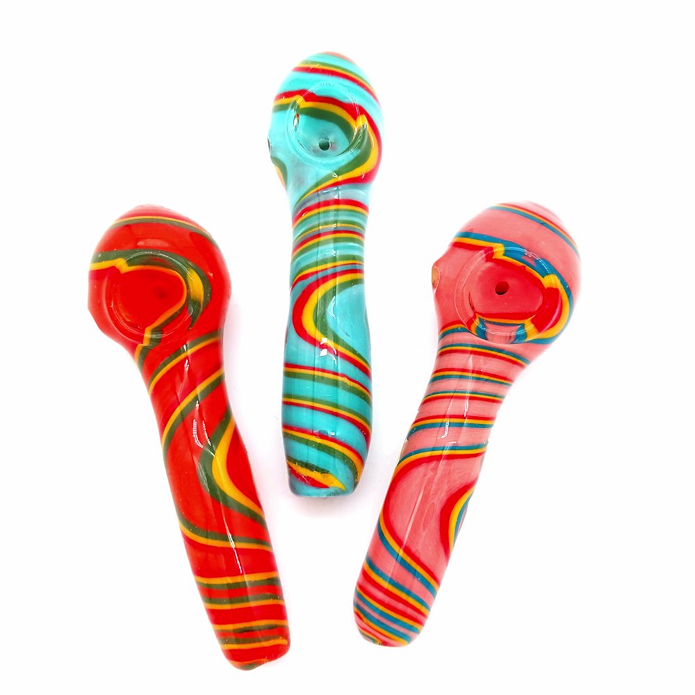 Multi art color heavy duty glass hand pipe featuring vibrant mixed artwork, thick durable glass construction, and compact ergonomic handheld design for smooth use.