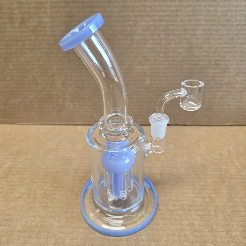 Side angle view of multi chamber flat bottom tree percolator glass bong designed for cleaner and cooler smoking experience.