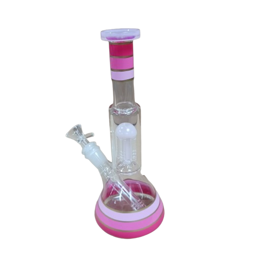 Multi color beaker glass water pipe with tree percolator, designed for smooth filtration, improved airflow, and a vibrant eye-catching appearance.