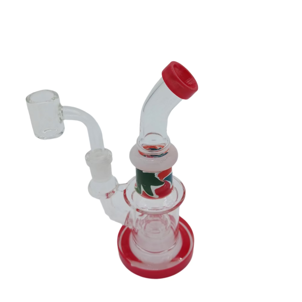Multi color glass dab rig water pipe featuring durable borosilicate build and 14mm male quartz banger for smooth vapor and clean concentrate hits.