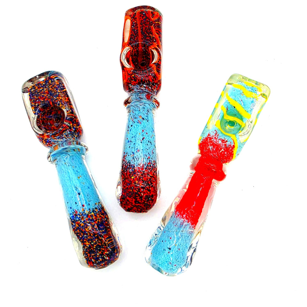 Multi color heavy duty glass hand pipe made with durable thick glass and vibrant colors, designed for smooth airflow and comfortable smoking experience.