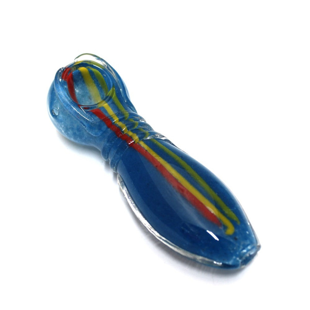Ribbed design multi color heavy duty glass hand pipe featuring thick durable glass construction and vibrant handcrafted detailing.