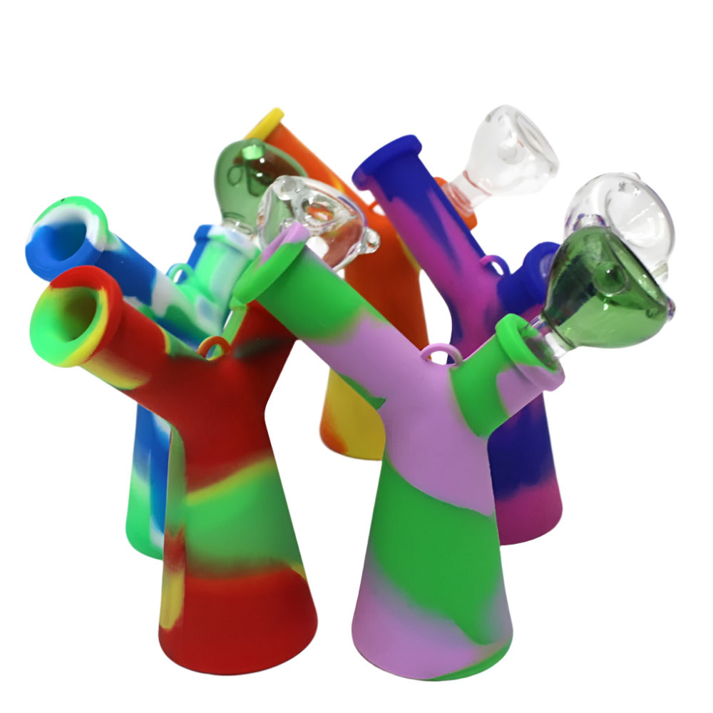 Multi-color silicone dab rig with 14mm banger, durable heat-resistant silicone body, glass chamber, and smooth water filtration for efficient vapor d