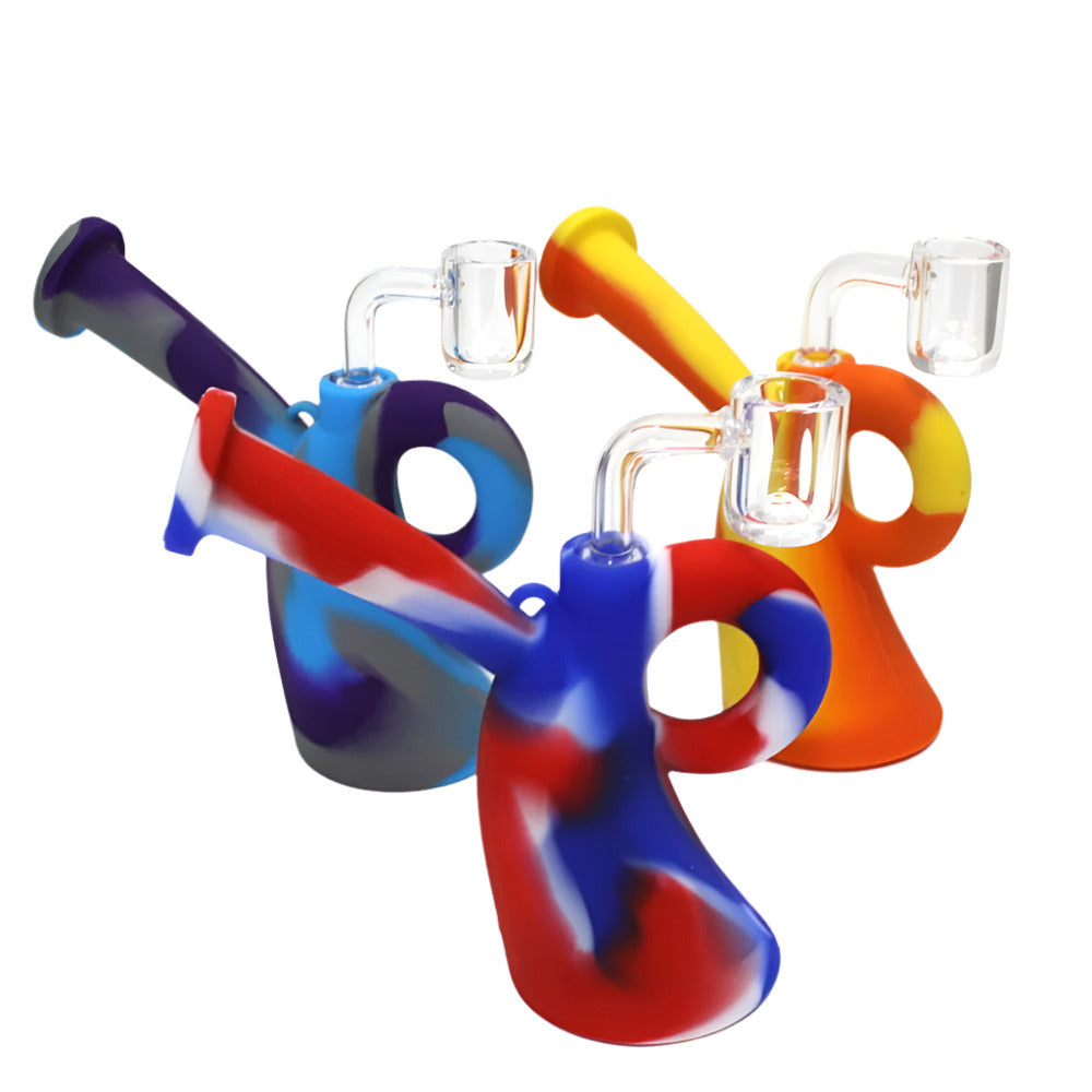 Multi-color silicone dab rig with 14mm male banger, durable heat-resistant design featuring vibrant colors and smooth airflow for concentrate sessions.