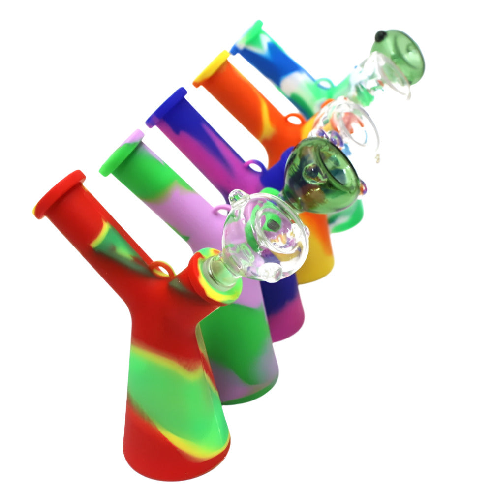 Multi-color silicone and glass dab rig with 14mm banger system, featuring durable heat-resistant materials, detachable glass chamber, and smooth water filtration for clean vapor flow.