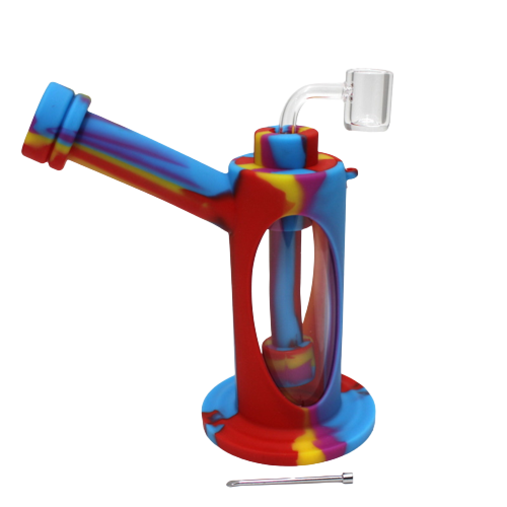 Multi-color silicone and glass dab rig with 14mm banger, durable heat-resistant design, glass chamber, and smooth filtration for clean vapor delivery.