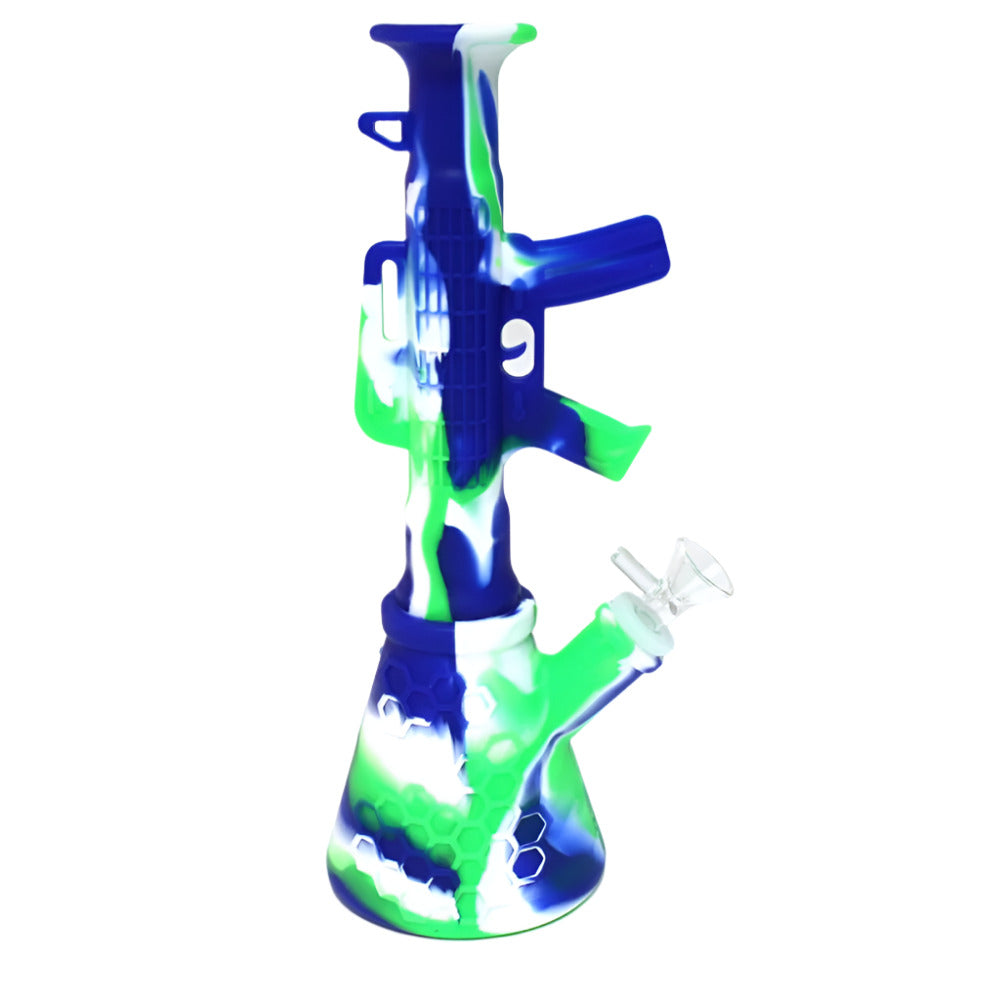 Multi color silicone gun shaped water pipe with 14mm male bowl, durable heat-resistant body with unique gun design for smooth airflow and easy cleaning use.