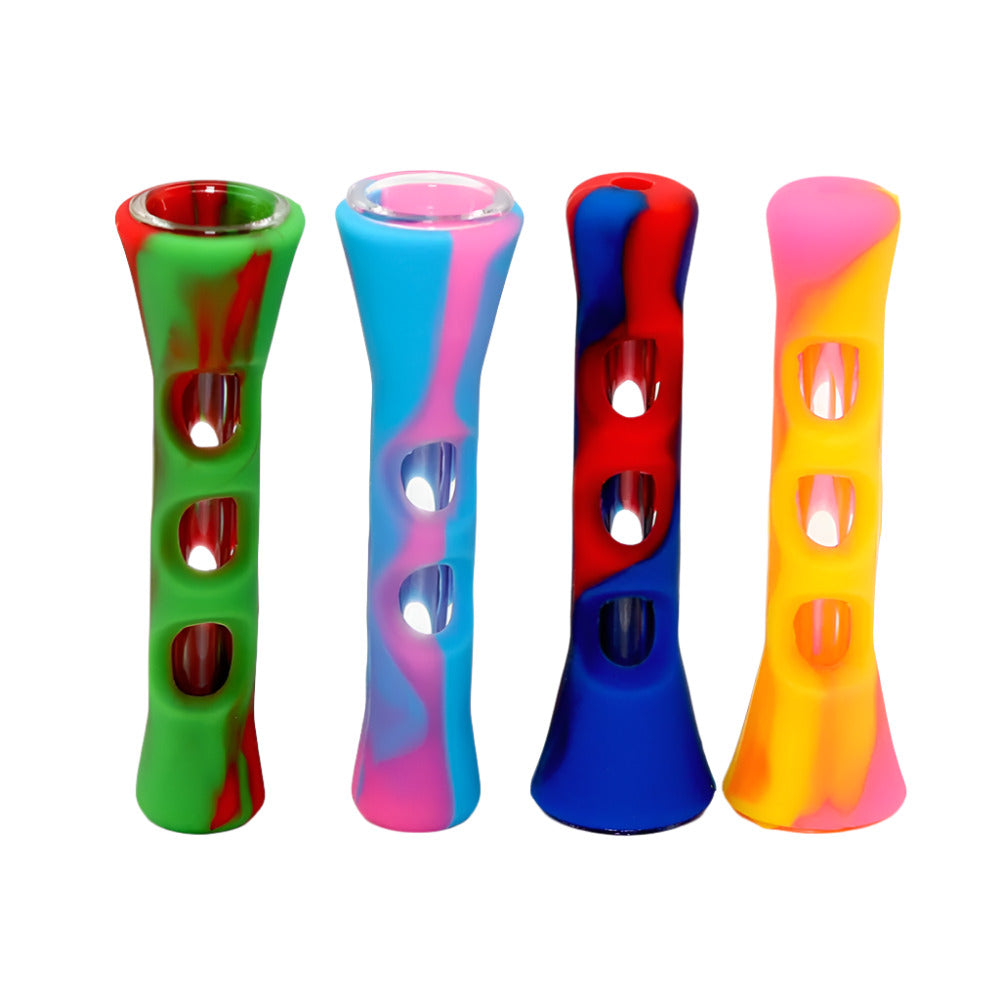 Multi Color Silicone With Glass Tube Chillium featuring a durable silicone body, removable glass tube insert, and portable compact design.