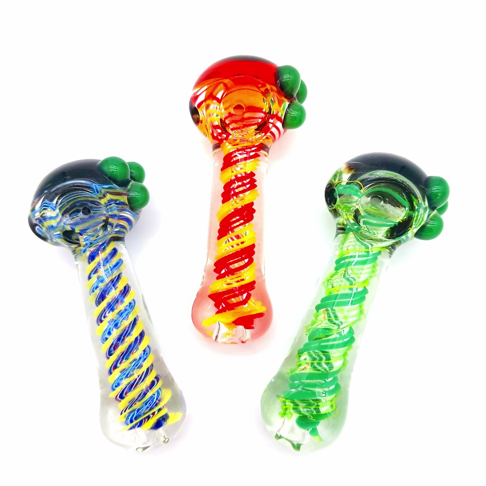 Multi color swirl design heavy duty glass hand pipe featuring vibrant spiral artwork, thick durable glass construction, and compact ergonomic handheld design.