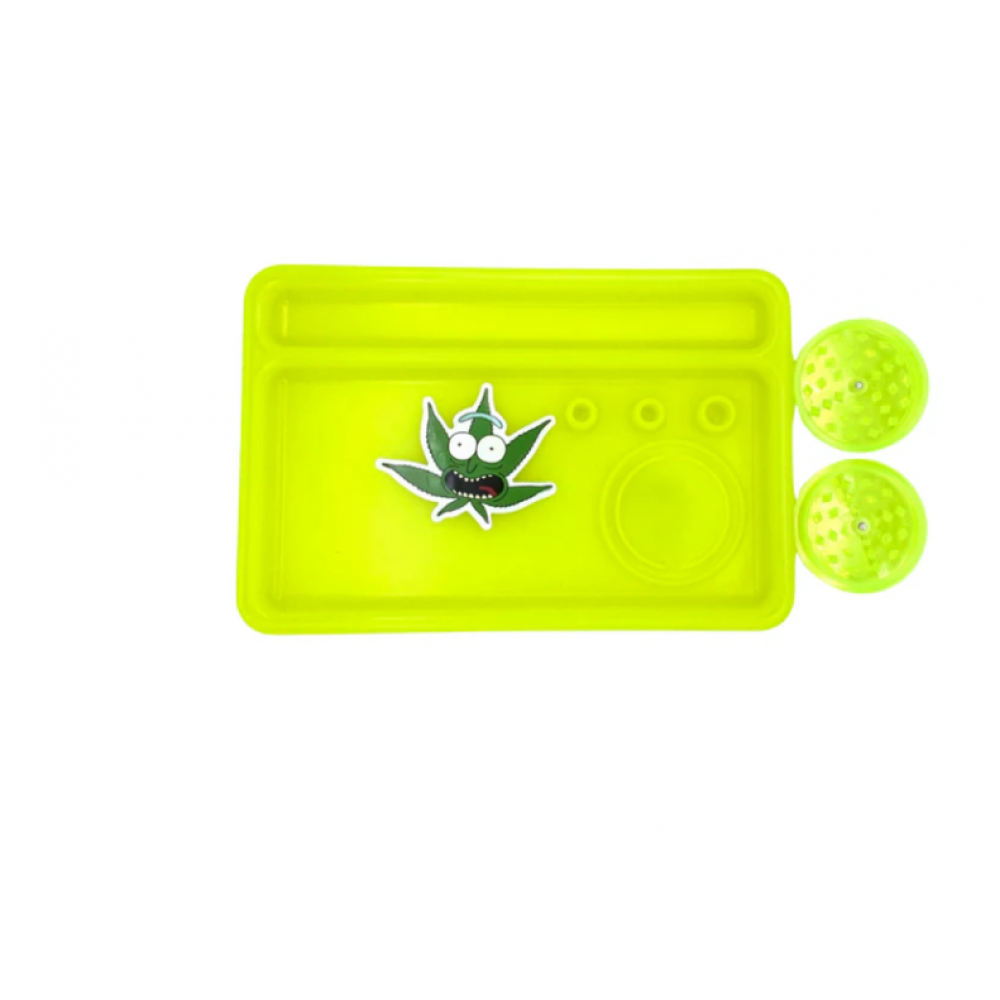 Multi-compartment plastic tray with integrated hand grinder, durable lightweight construction and organized storage for easy and convenient daily use.