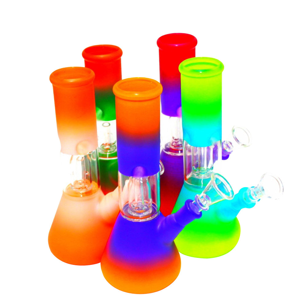Multicolor beaker water pipe with dome percolator and single side bowl, durable glass construction, vibrant design and smooth filtration system.