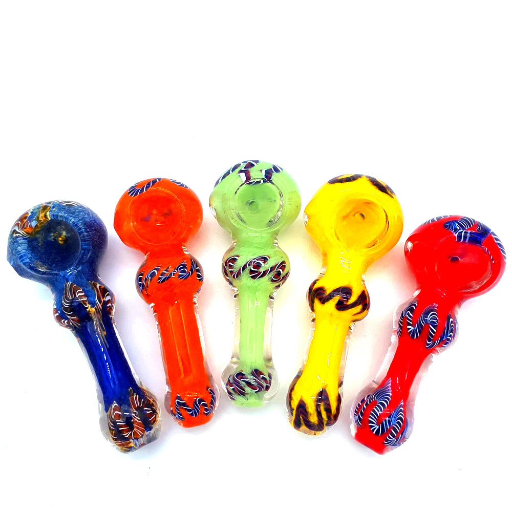 Colorful heavy duty glass hand pipe made from thick durable glass with vibrant multicolor design, compact shape, and smooth airflow for easy use.