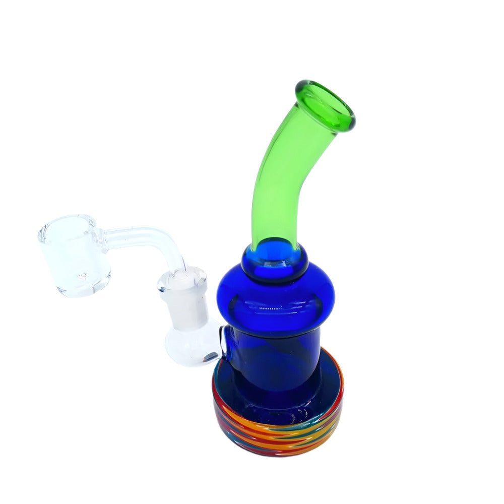 Multicolor glass tube dab rig water pipe with 14mm male banger, featuring vibrant artistic design, sturdy build, and smooth vapor diffusion system.