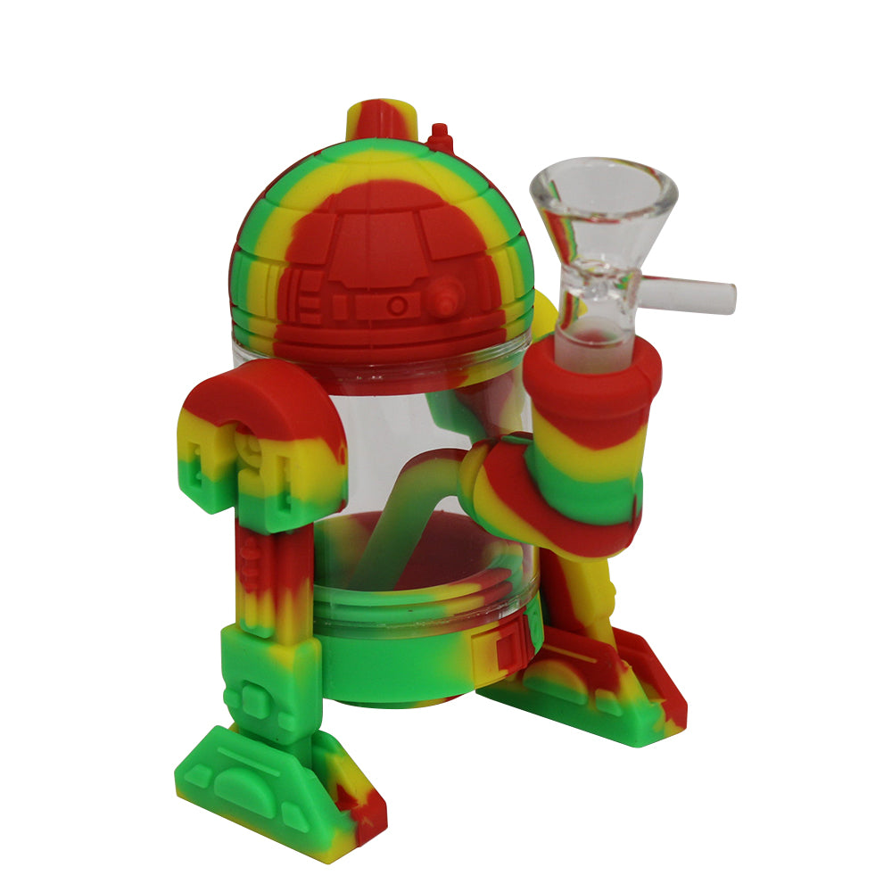 Multicolor robot silicone water pipe with creative design, durable heat-resistant body and water filtration system for smooth portable use.