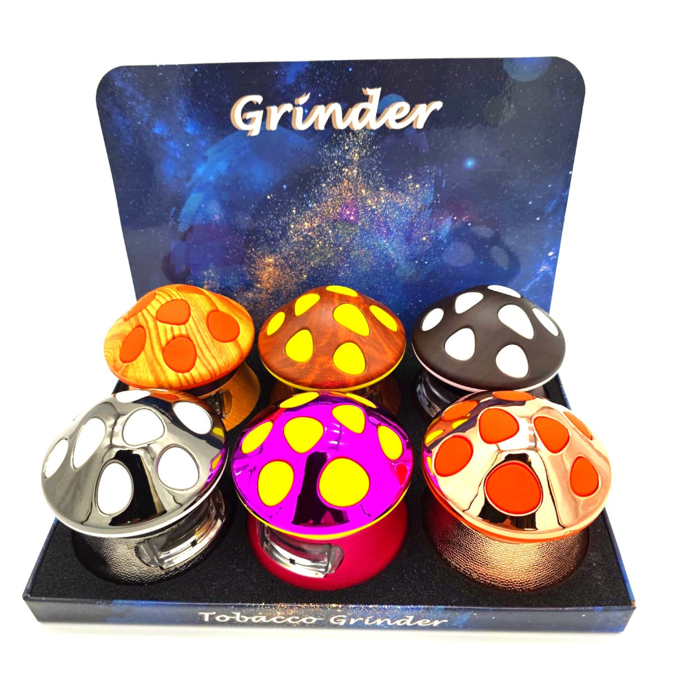Mushroom design 4 part grinder 63mm in assorted colors, durable build with sharp teeth for smooth and efficient grinding of herbs and materials.