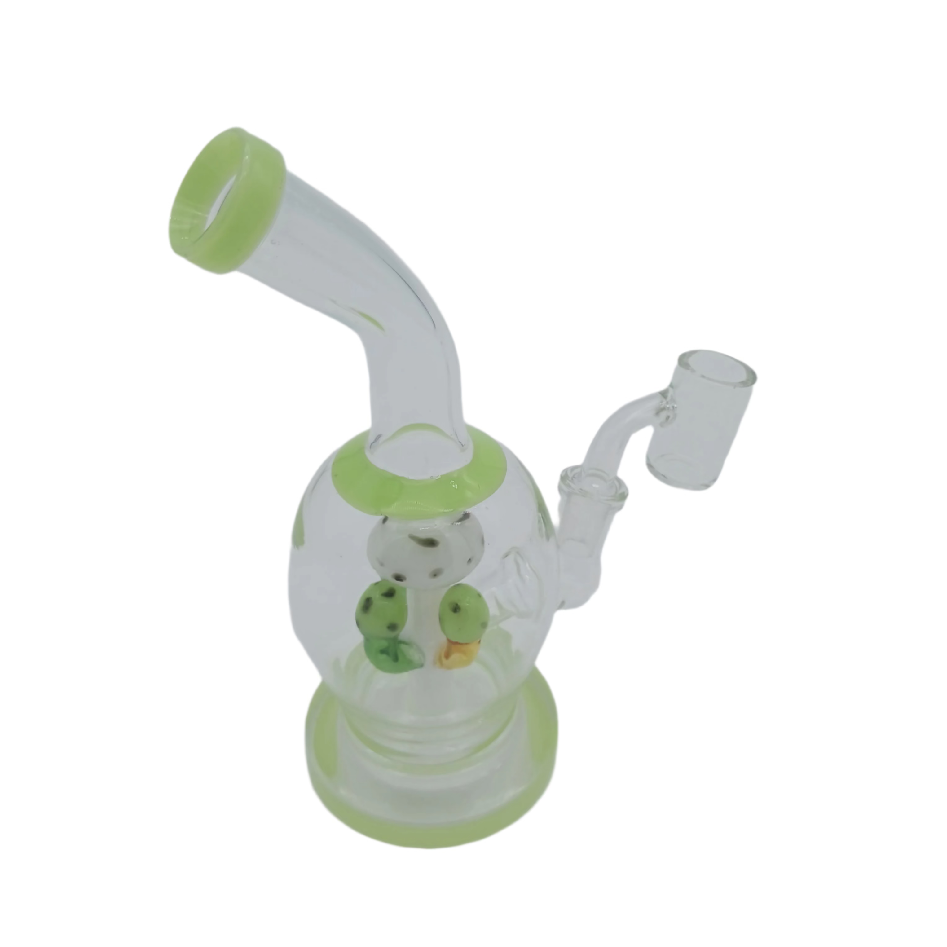 Mushroom dab rig water pipe with 14mm male banger, featuring a unique mushroom-inspired design, durable glass construction, and smooth filtration for concentrate use.