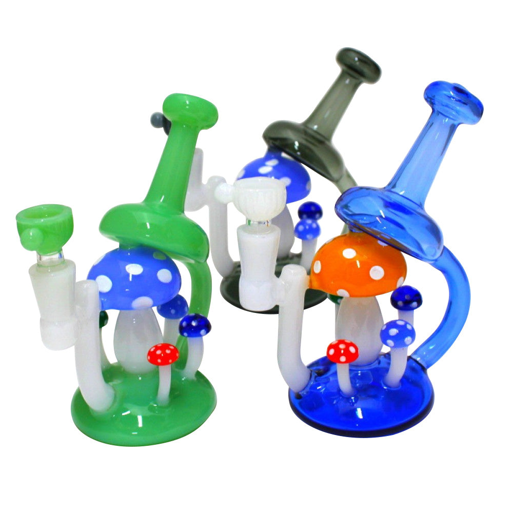 Mushroom design dab rig water pipe made of durable borosilicate glass with smooth water filtration system for clean, cool, and smooth hits.
