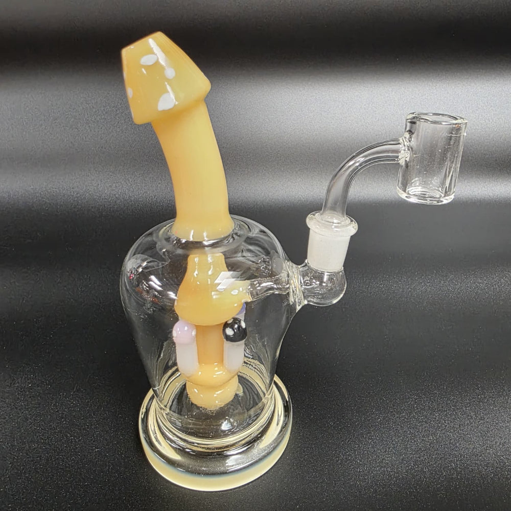 Mushroom design percolator dab rig water pipe with 14mm male banger, made from durable glass for smooth filtration and clean vapor experience.
