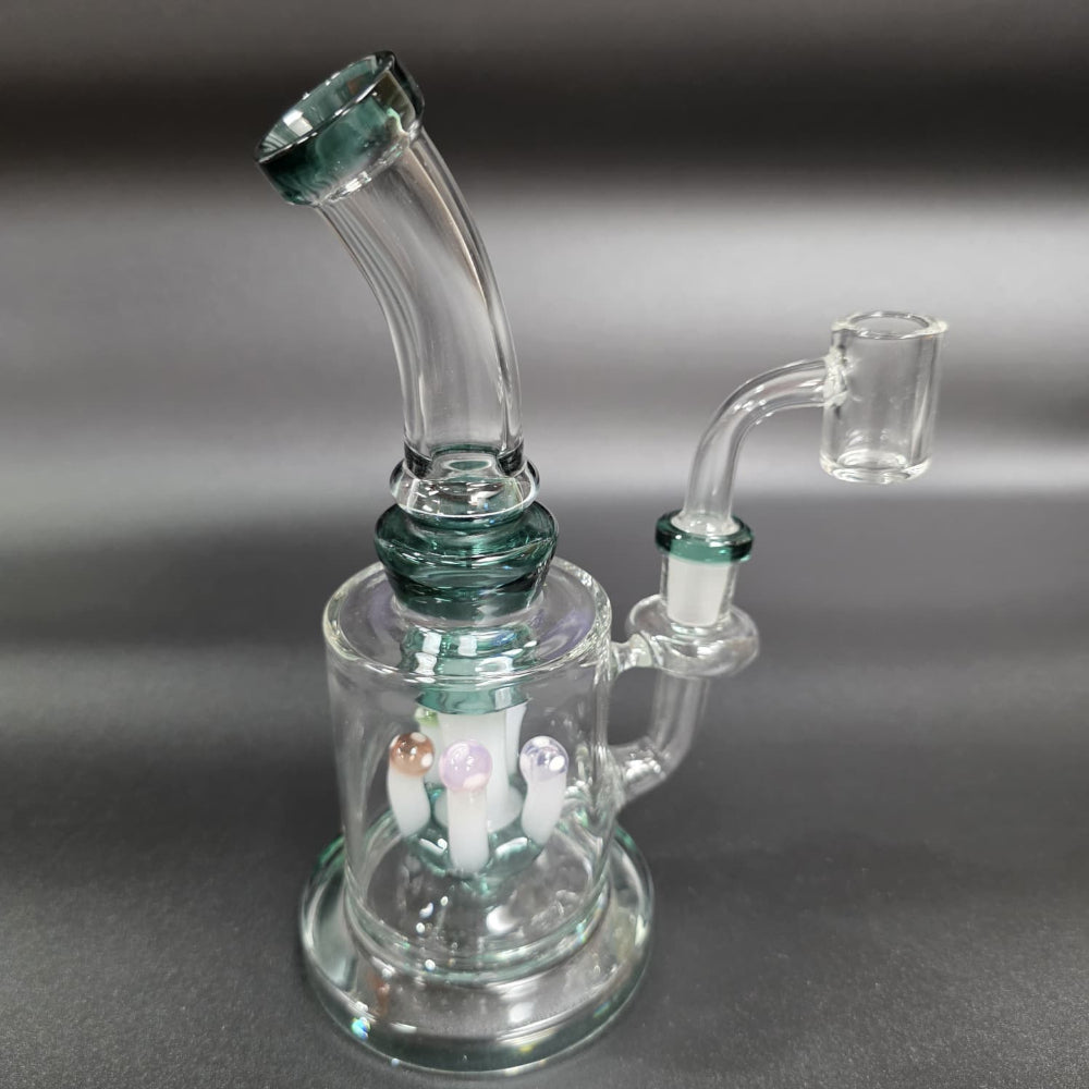 Mushroom percolator dab rig water pipe with flat bottom and 14mm male quartz banger, built for stability, smooth filtration, and clean vapor delivery.
