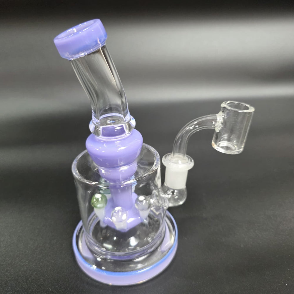 Mushroom percolator flat base dab rig water pipe with 14mm male banger, made of durable glass for smooth filtration and consistent vapor performance.