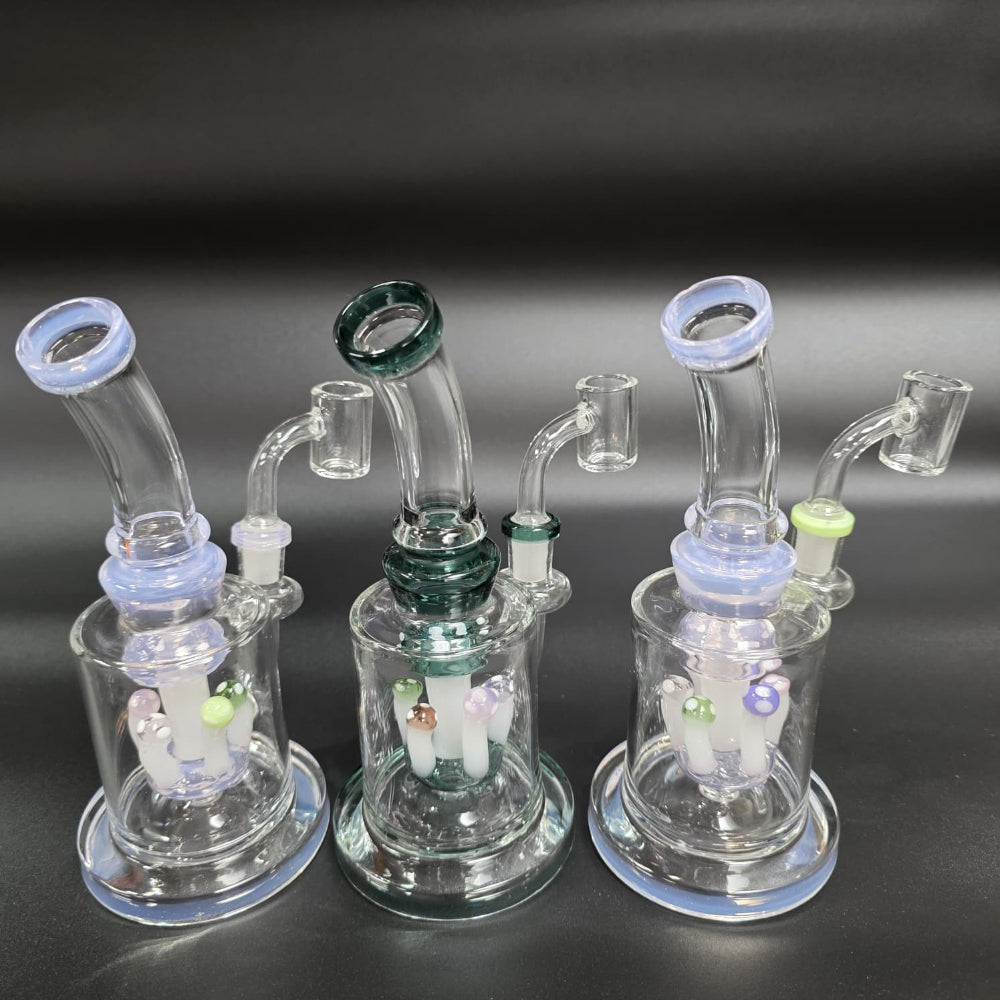 Mushroom percolator flat bottom dab rig water pipe with 14mm quartz male banger, offering stable base, smooth diffusion, and clean vapor performance.