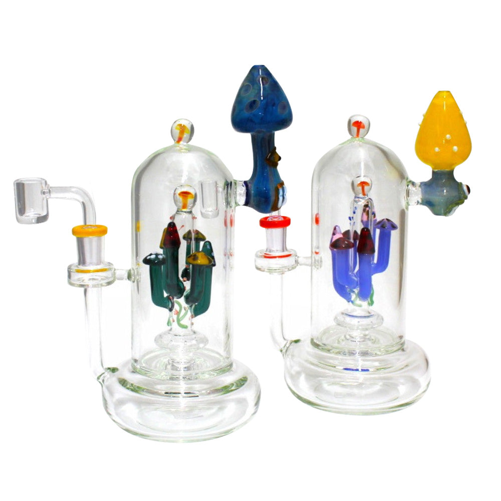 Mushroom percolator water pipe with 14mm male quartz banger artistic mushroom themed glass rig durable borosilicate construction and smooth filtration system.