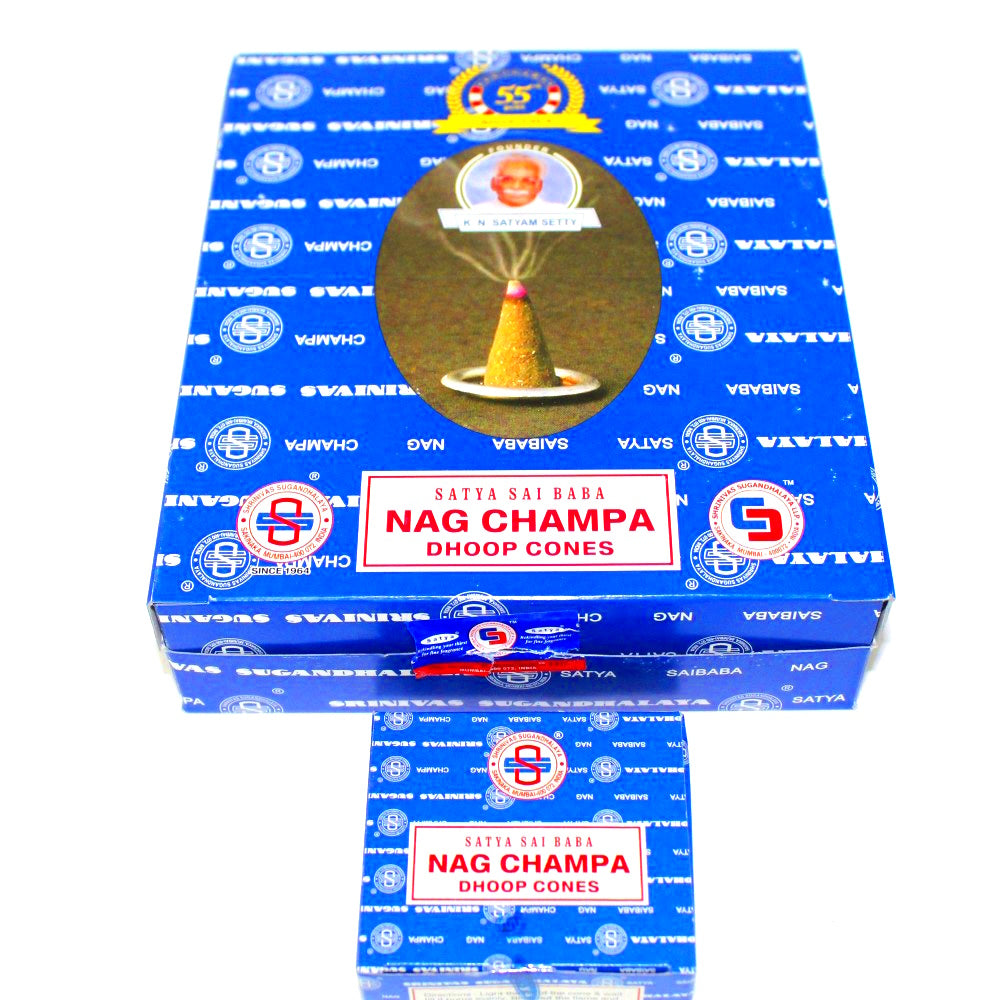 Nag Champa Satya Sai Baba Dhoop Cones 12pc pack traditional incense cones with rich soothing fragrance for meditation prayer and relaxation use.