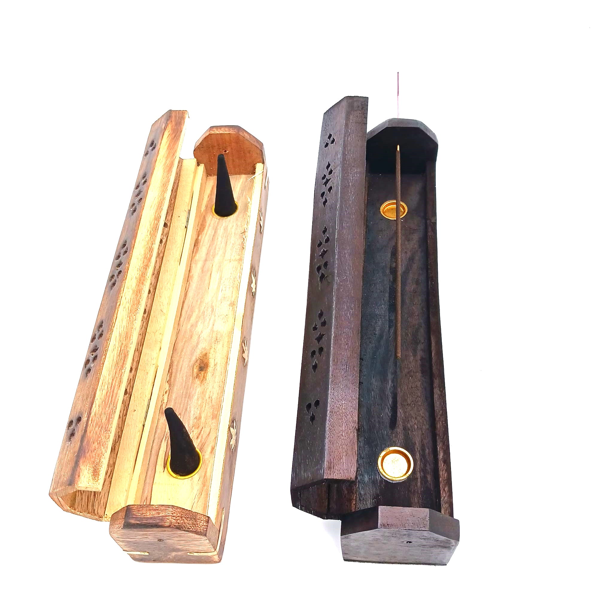 Natural wood horizontal incense stick burner tray minimalist wooden holder for incense sticks designed for meditation relaxation and calming aromatic ambiance use.
